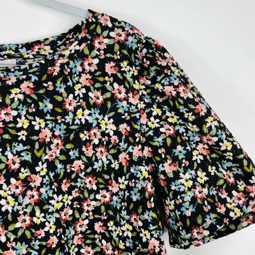 Ann Taylor LOFT Top 16 18 Black Floral Puff Sleeve Tee